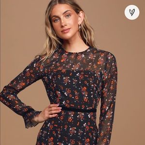 Floral to See Black Floral Print Long Sleeve Mini Dress XS